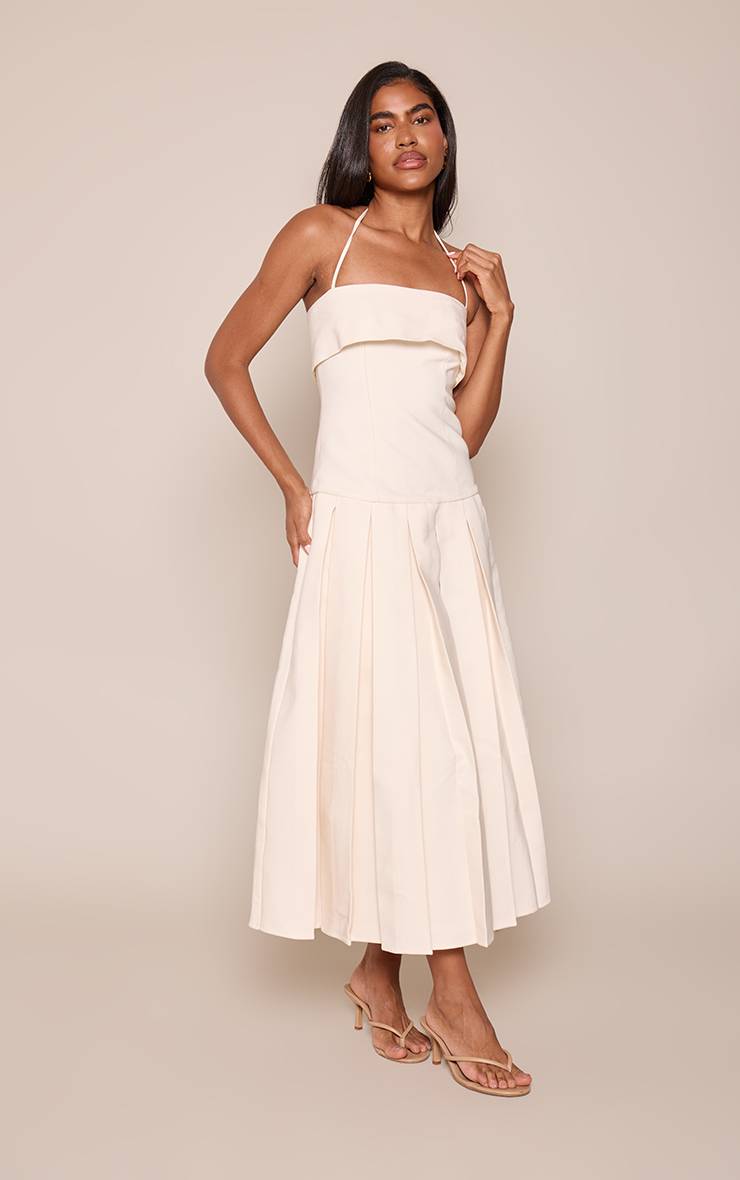 Crème Robe Mi-longue Tissée À Ourlet Plissé
