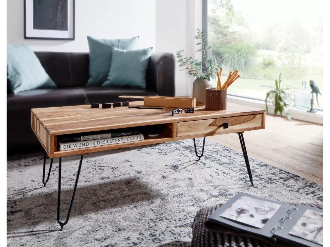 table basse BAGLI en bois massif d'acacia 110 cm de large table de salon design pieds en métal table d'appoint de style campagnard