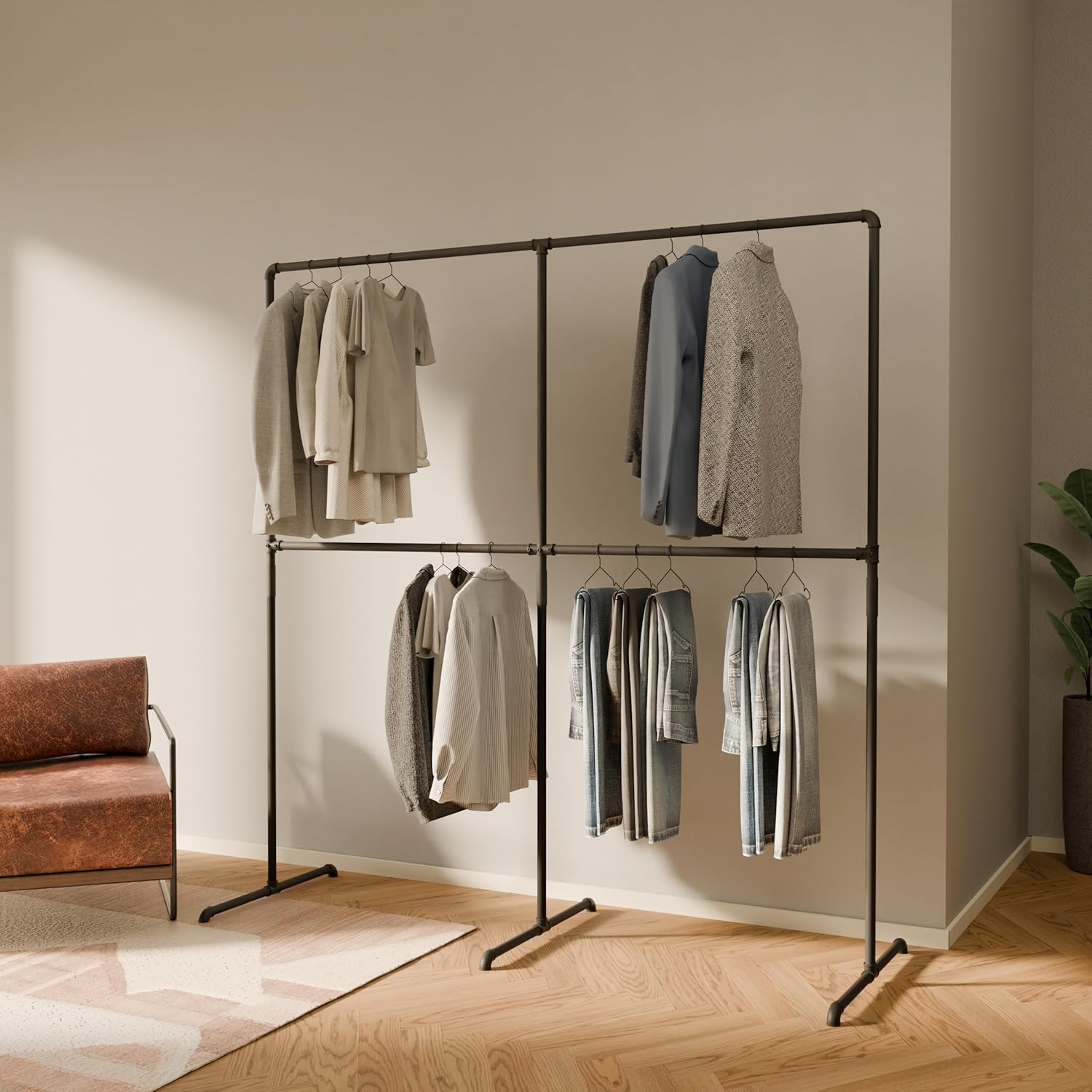 pamo Kleiderständer Schwarz – Industrial Design Kleiderstange freistehend 195 x 194 cm – Offener Kleiderschrank & Garderobenständer Metall für Schlafzimmer, Flur & Ankleidezimmer