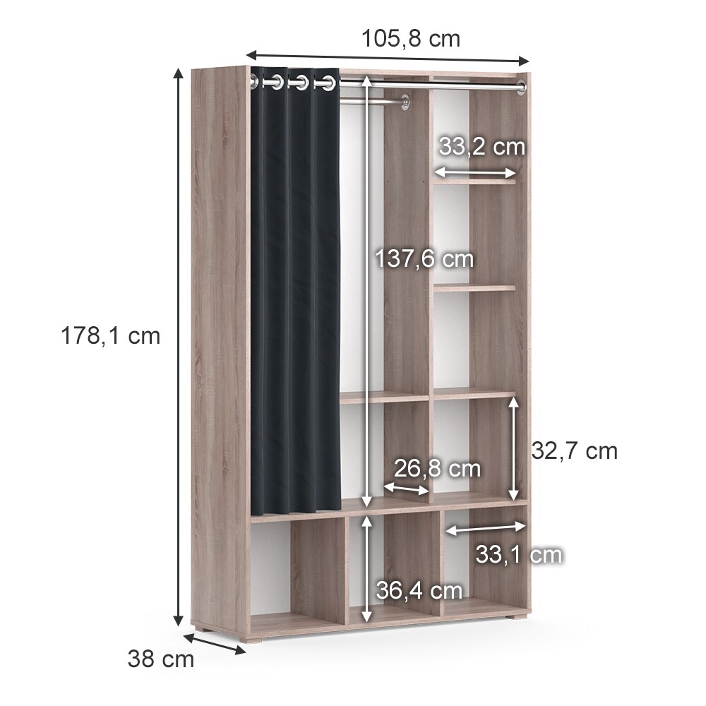 Vicco Kinderkleiderschrank Kinderzimmerschrank Kindergarderobe Luigi Sonoma 106 x 178 cm modern Schrankregal Jugendzimmerschrank Organizer Vorhang Kleiderstange Fächer Aufbewahrung Spielzeugablage