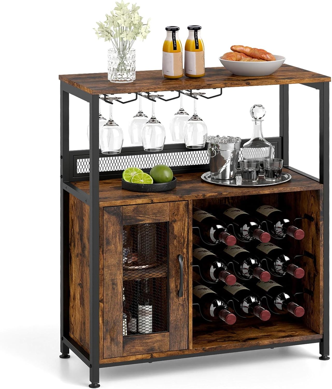 COSTWAY Weinschrank Industrial, Küchenschrank mit abnehmbarem Weinregal und integrierten Glashaltern, Kommode Holz, Sideboard Buffetschrank freistehend, 75 x 34 x 90,5 cm