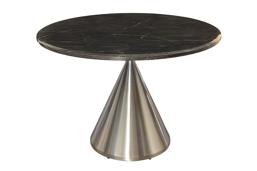Runder Esstisch ELEGANCIA 130cm schwarz Marmor chrom Stahl mit Säulenfuß