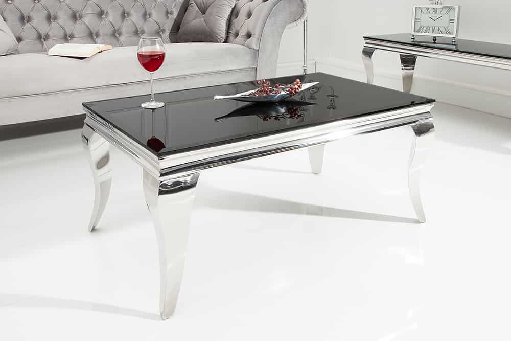 Eleganter Couchtisch MODERN BAROCK 100cm silber mit schwarzem Opalglas