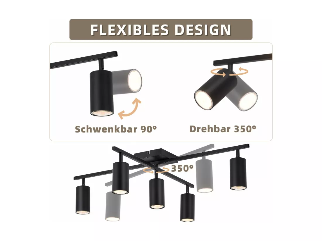 NETTLIFE Spot de plafond noir, plafonnier à 5 lampes GU10, lampe de salon moderne pour cuisine et chambre à coucher