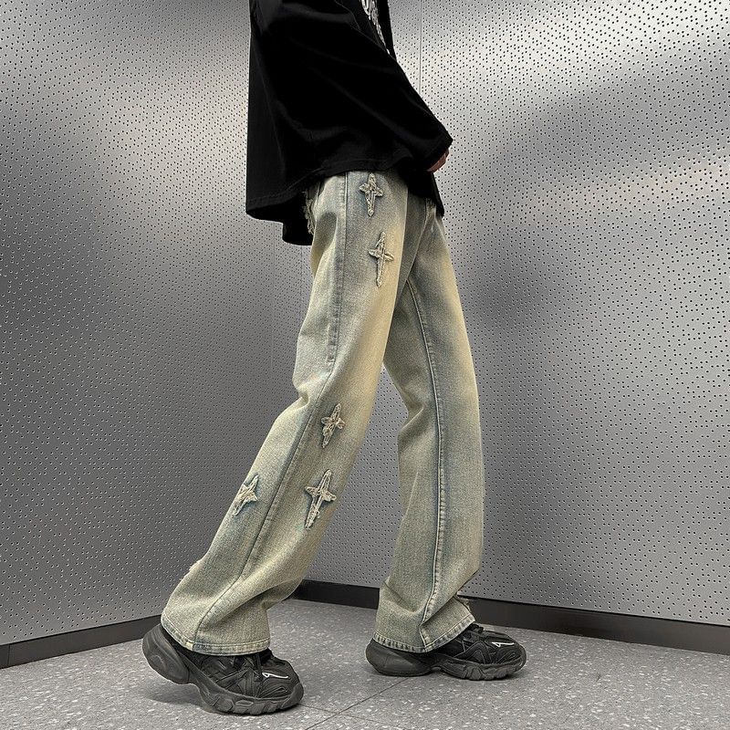 Bay Go Mall - Mid Rise Washed Star Embroidered Wide Leg Jeans