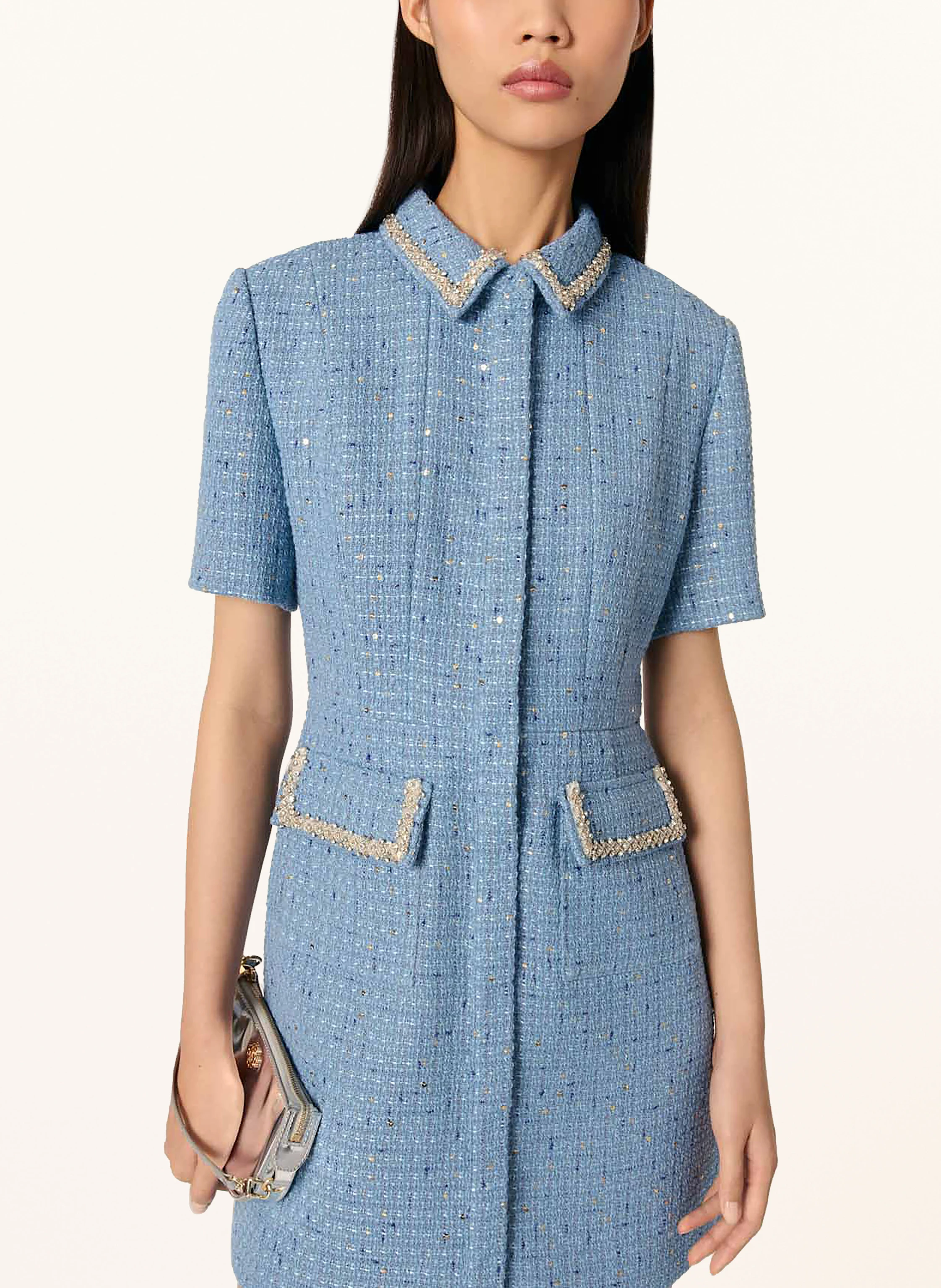 maje Tweed-Kleid mit Schmucksteinen und Pailletten