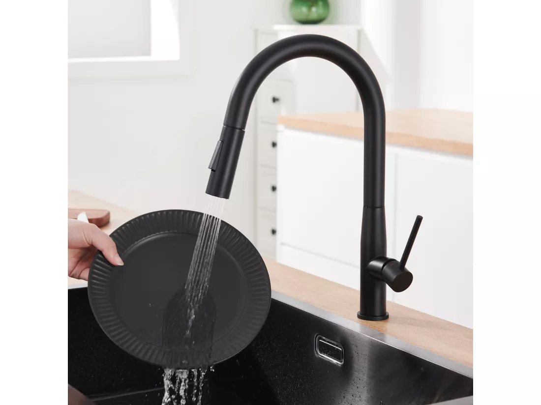 AURALUM MAX Robinet Cuisine Douchette,Mitigeur Cuisine avec Douchette, Robinetterie Cuisine avec Douchette Extractible Eau Froide/Chaude,Noir