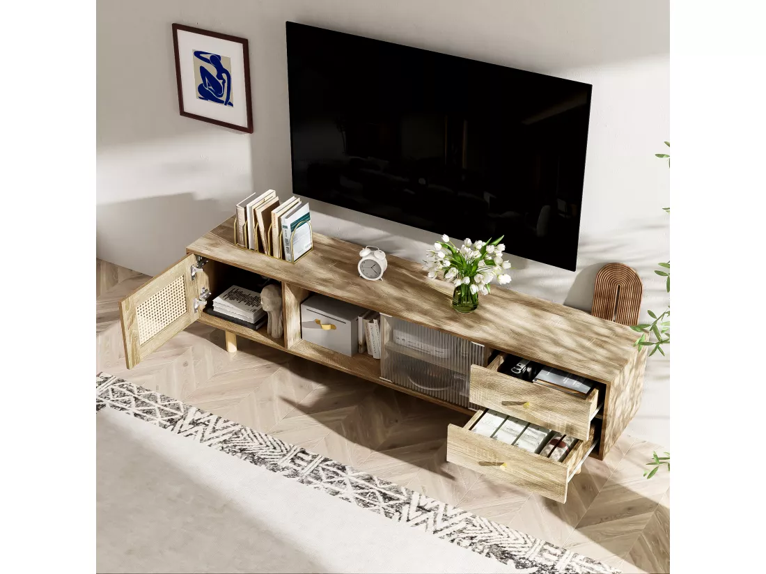 Meuble TV en anneaux de particules - 1 porte & 2 tiroirs & 3 compartiments - Naturel