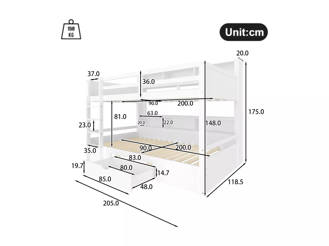 Lit superposé pour enfant 2x90x200cm - avec un tiroir et compartiments - Blanc