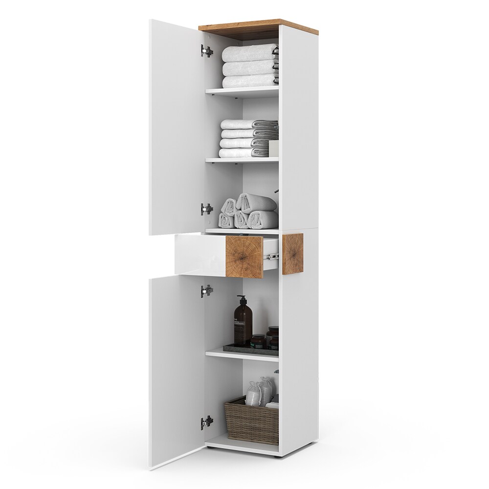 Vicco Hochschrank Badschrank Badezimmermöbel Eden Weiß Artisan modern 40x184 cm Badkommode Badezimmer Schrank Badmöbel 2 Türen Schublade 5 Fächer Hochglanz