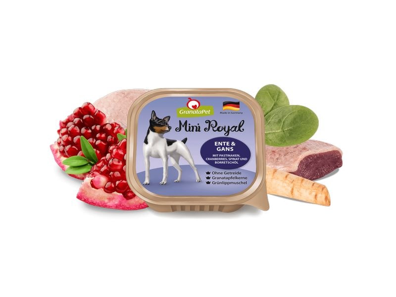 GranataPet Nassfutter Mini Royal Ente & Gans 150 g Alleinfuttermittel für ausgewachsene Hunde kleiner Rassen (Gewicht 1 - 10 kg)