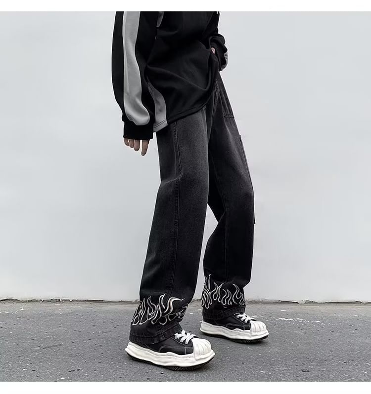 Double White - Mid Rise Flame Print Washed Panel Straight Leg Jeans