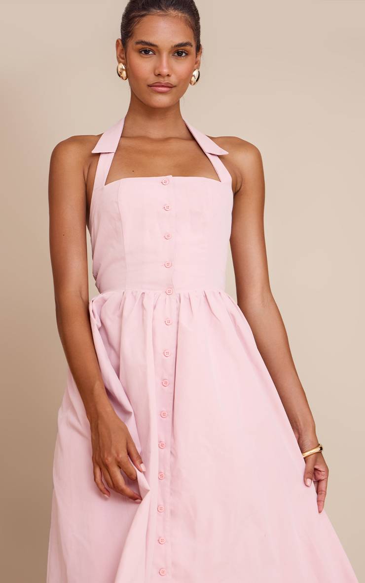Rose Poudré Robe Mi-longue Tissée À Col Boutonné