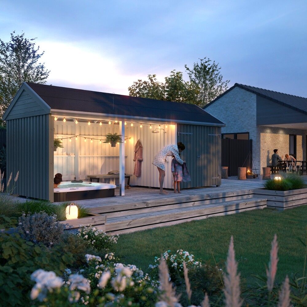 REDSKAPSBOD PLUS CLASSIC MULTI GARDEN DOBBELDØR OG ÅPEN FRONT INKL. TAKPAPP/ALUMINIUMLISTER/STOLPEFØTTER UBEHANDLET 14,5M²
