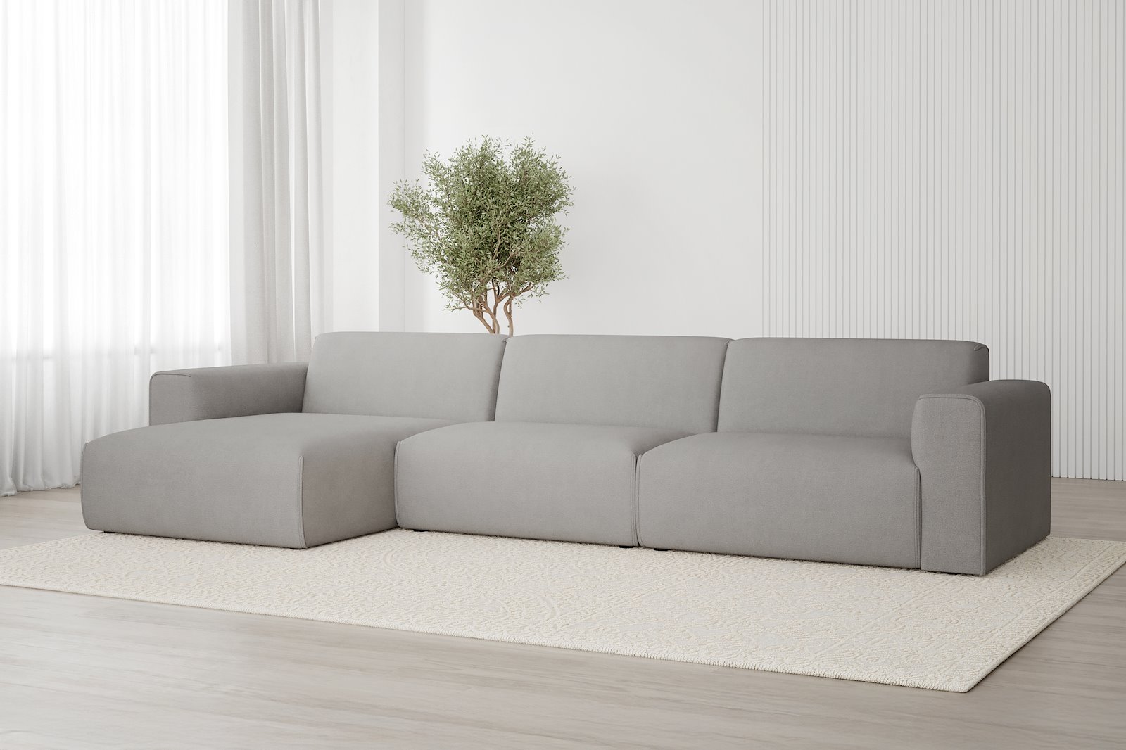 Monaco 3-seter med XL sjeselong venstre Tekstil Brego 7 Light Grey med sorte ben. Std komfort.