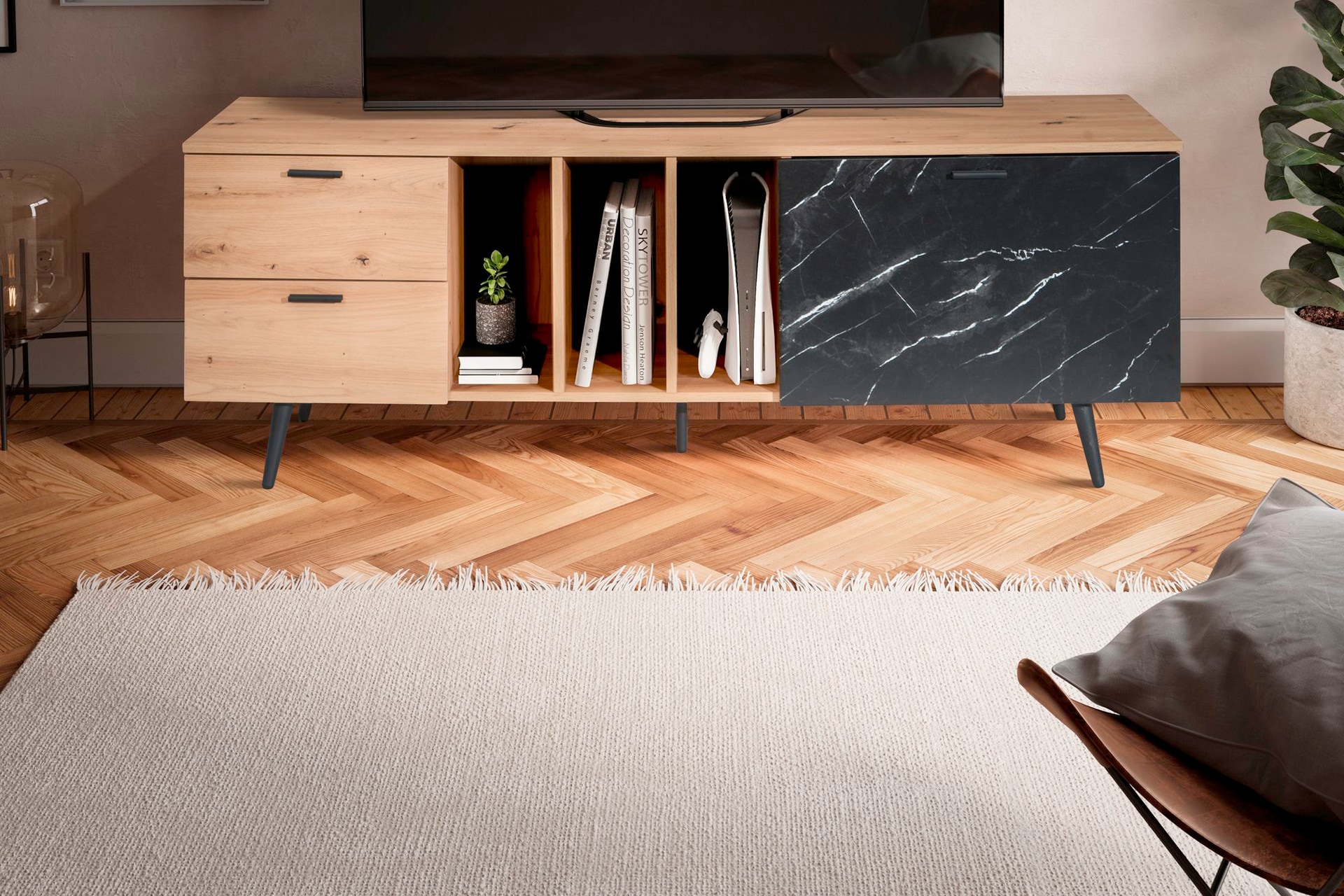 Lowboard 150 x 55 cm Eiche-Dekor/Marmor-Optik