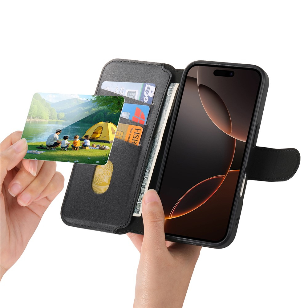 iPhone 16 Pro MagSafe Leder Case Schutzhülle mit Finger Griff Halterung   Abnehmbare Tasche inkl. Kartenfächer (RFID Schutz) - Schwarz