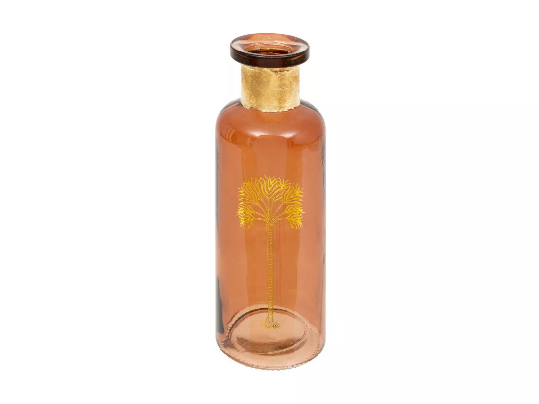 Vase bouteille en verre Ambre motif Palmier doré H 21.5 cm