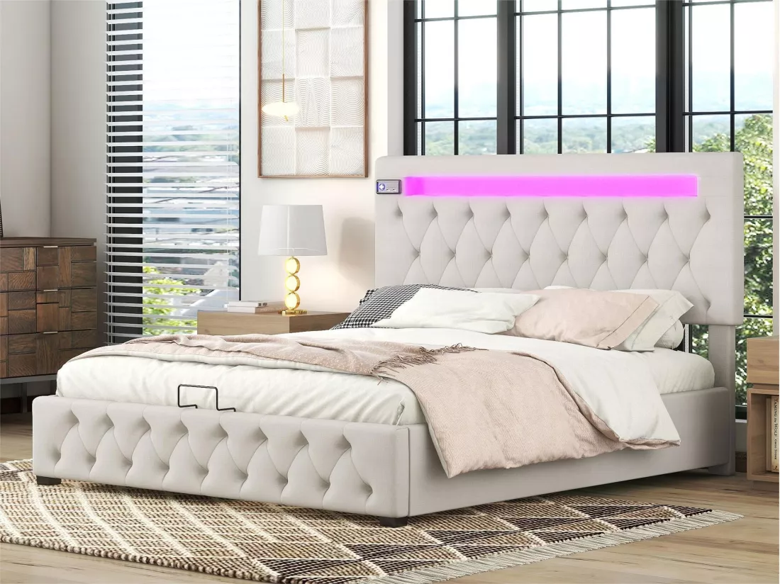 Lit coffre 140x200cm en lin avec Led + ports USB + lecteur bluetooth - sommier à lattes - Beige