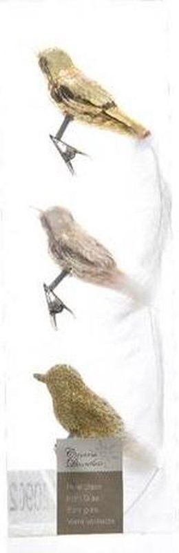 Decoris Glazen Decoratie Vogels op Clip Champagne/Goud 8 cm - Set van 3 - Kerstboomversiering