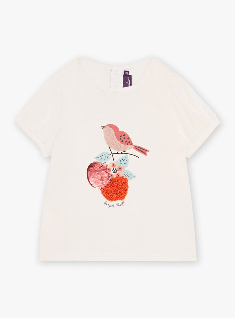 T-shirt bi matière ivoire à motif oiseaux