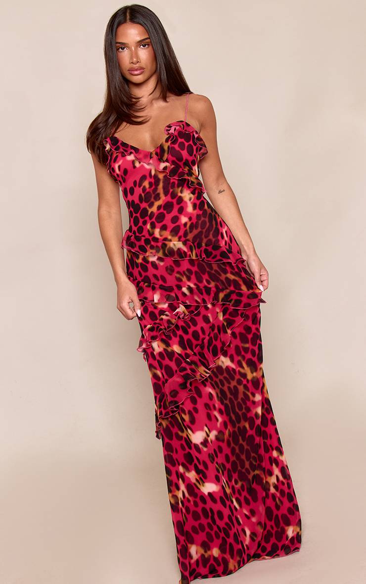 Rouge Robe Maxi En Mousseline À Imprimé Abstrait Et Volants Étagés