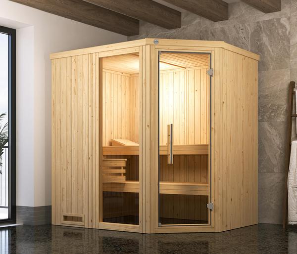 Weka Ecksauna Varberg mit Glastür und Fenster