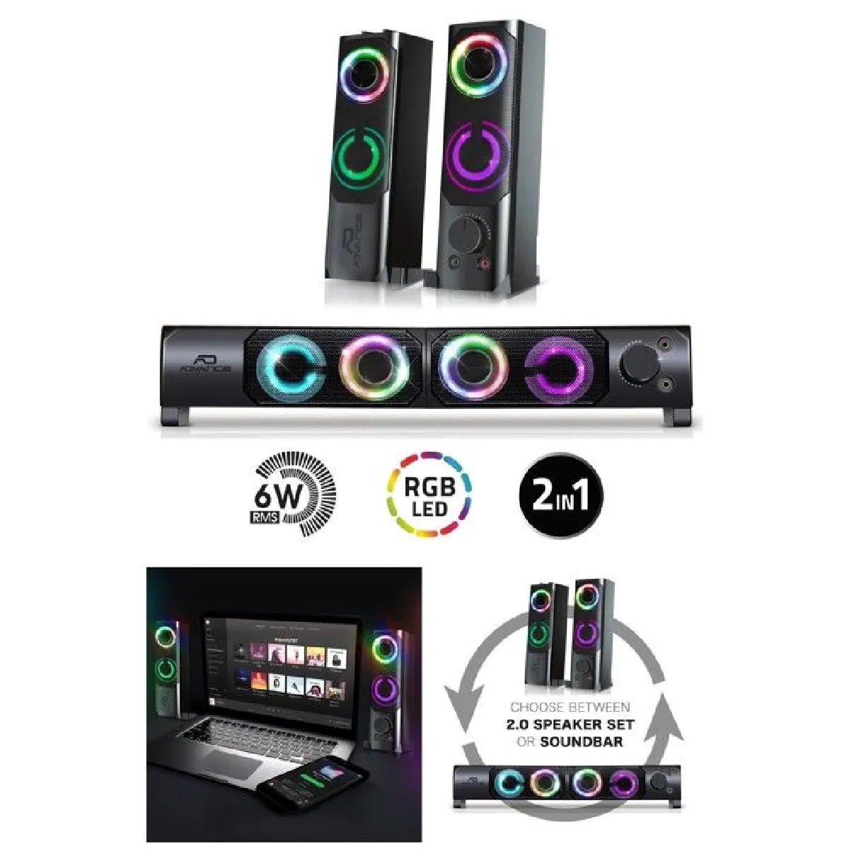 Advance Pack 2 Enceintes PC SoundPhonic USB 2.0 - LEDS RGB