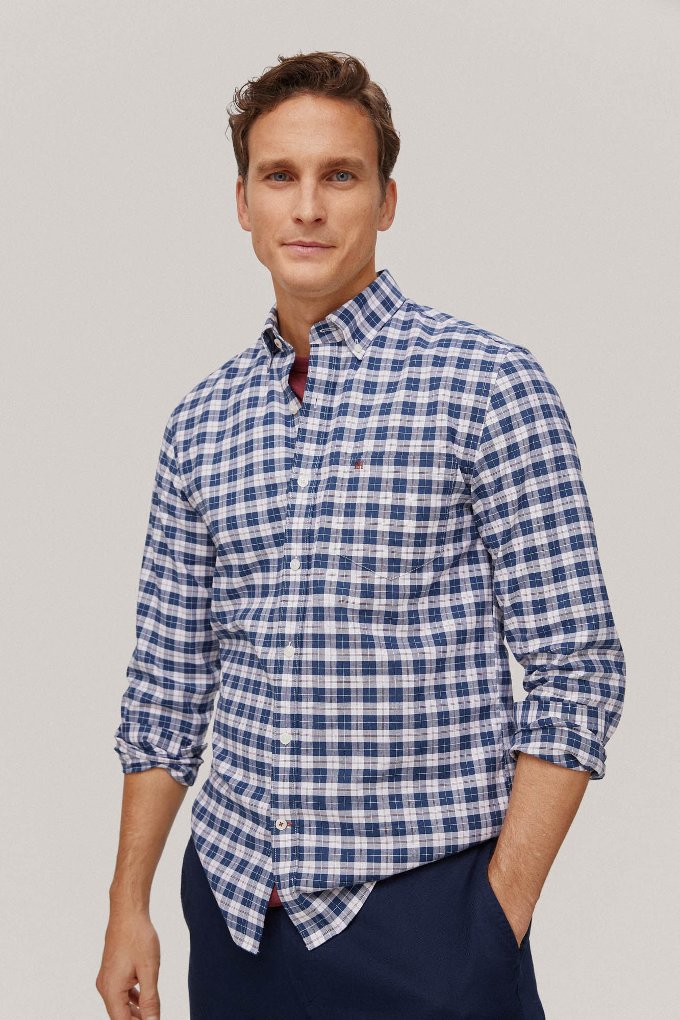Camisa Oxford xadrez que não precisa passar - Azul