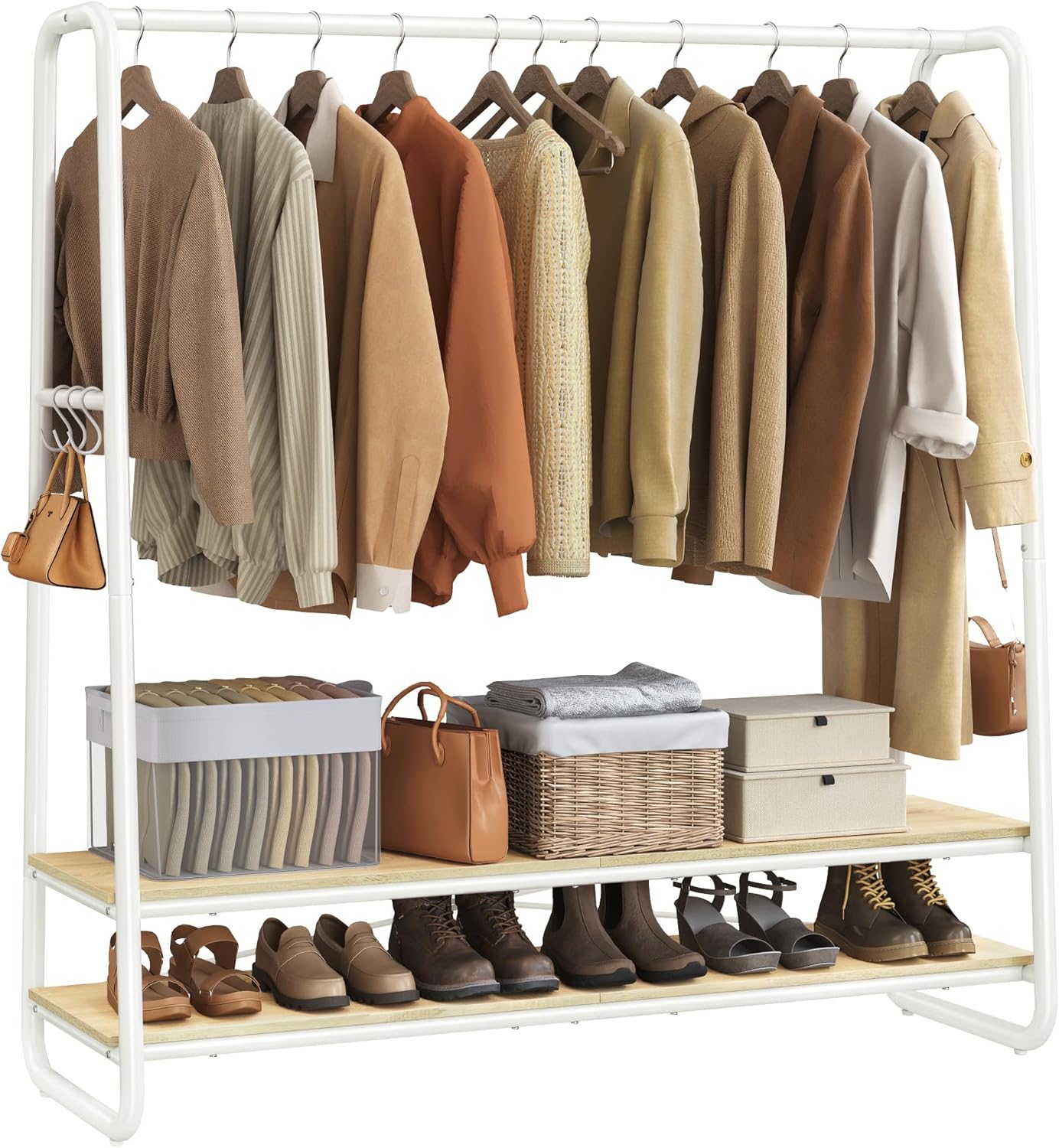 VASAGLE Kleiderständer, Garderobenständer, Garderobe, 2 Ablagen, 6 Haken in S-Form, Stahlgestell, 45 x 138 x 160 cm, für Schlafzimmer, Flur, Eingangsbereich, naturbeige-mattweiß RGR119W09 LK3647162