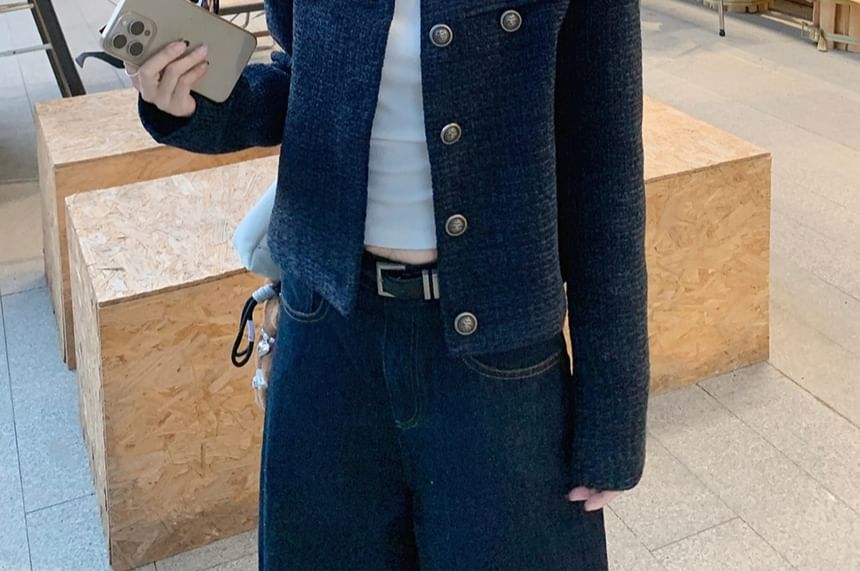 ZENME - Tweed cropped jasje met ronde hals en knoopjes / Effen tanktop / Middelhoge gewassen jeans met wijde pijpen