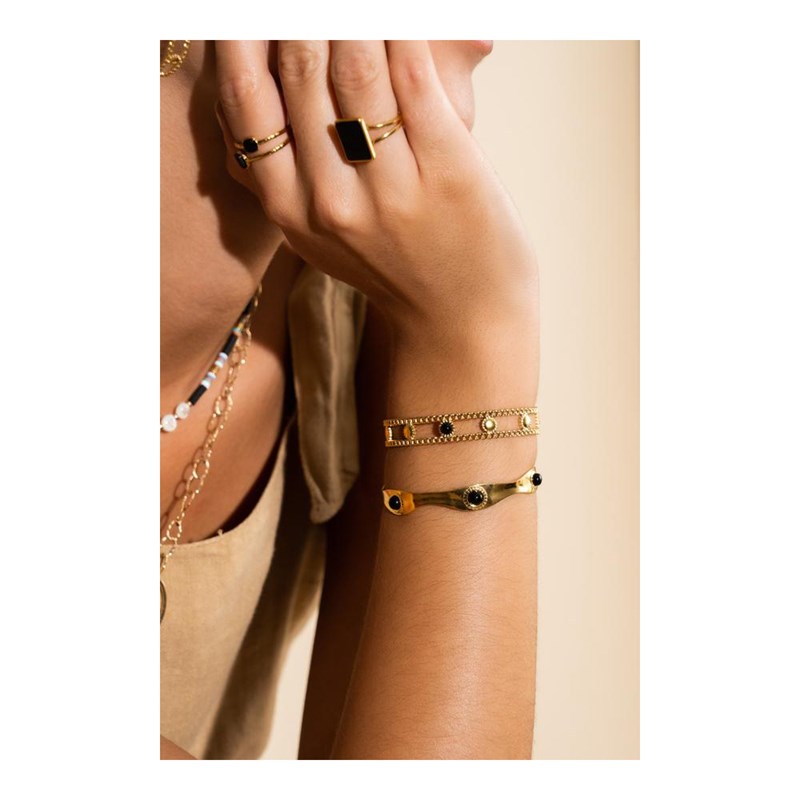 Bracelet rigide en acier doré ajustable orné d'une pierre naturelle noire