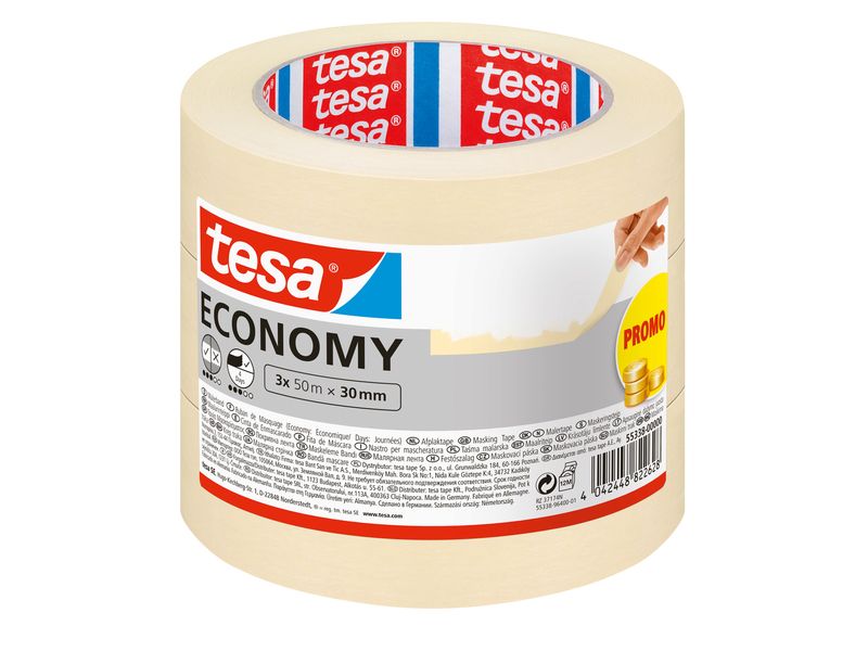 tesa Abdeckband Masking Economy, 3 x 50 m x 30 mm 3er-Set Malerbänder für einfache Mal- und Abdeckarbeiten und sauberes Abdecken im Innenbereich