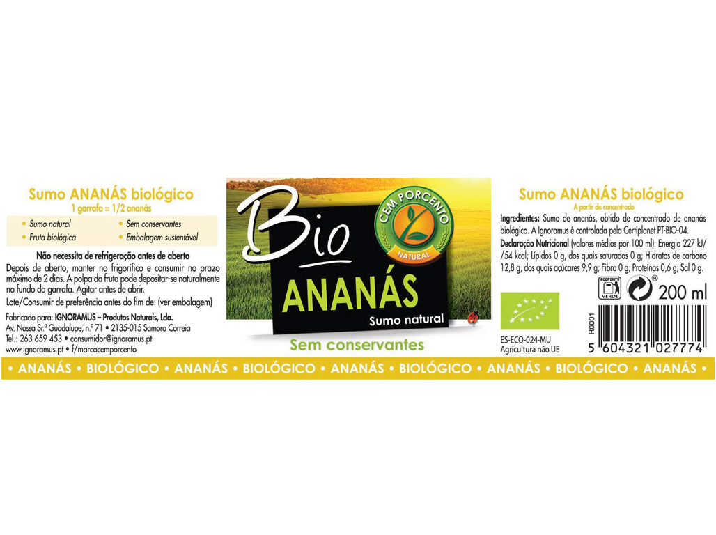 SUMO CEM PORCENTO DE ANANÁS NATURAL BIOLÓGICO 200ML