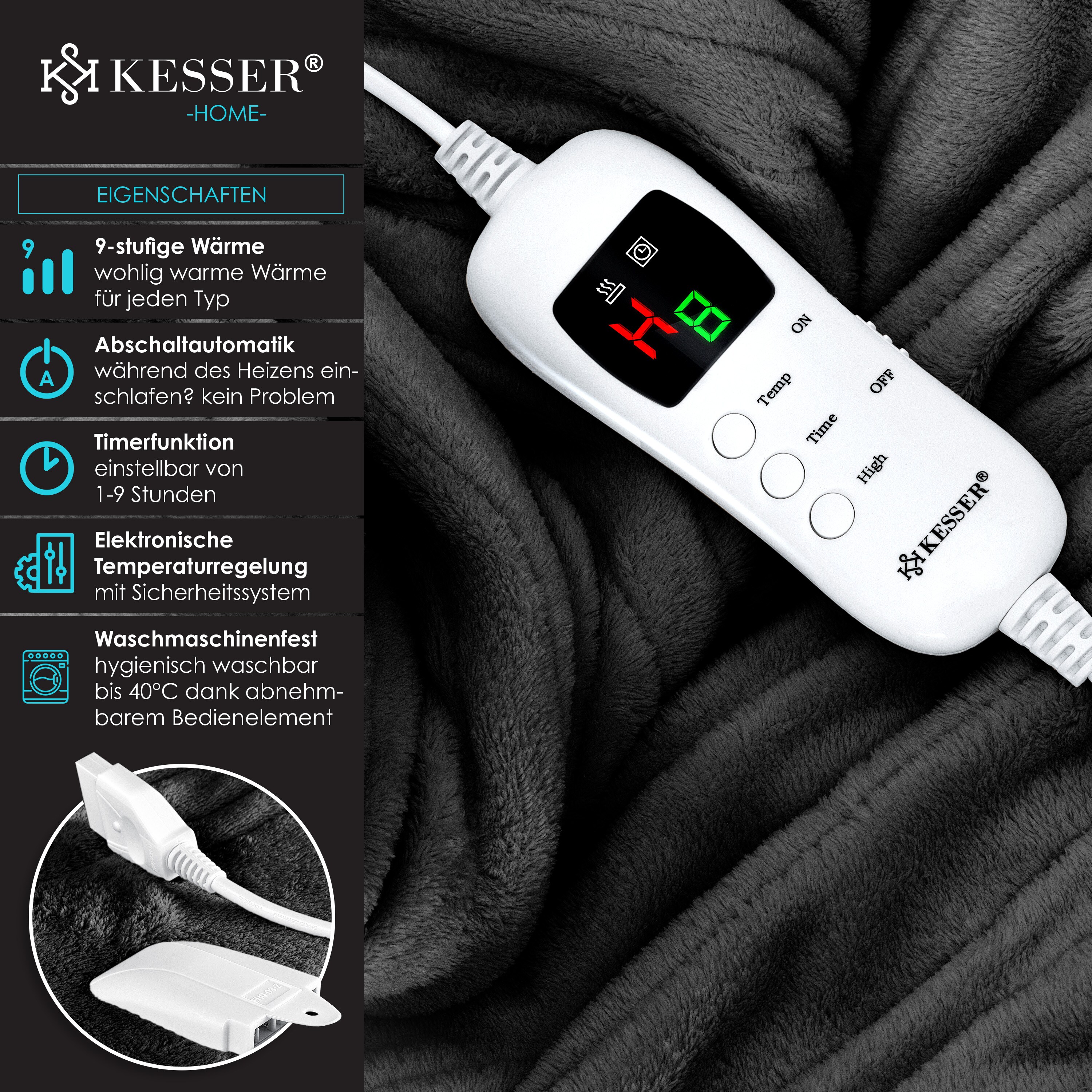 KESSER® Heizdecke aus Plüsch TÜV SÜD GS geprüft | elektrische Wärmedecke mit Timer Abschaltautomatik | Kuscheldecke| 9 Temperaturstufen | waschbar bis 40°C | Digitalanzeige