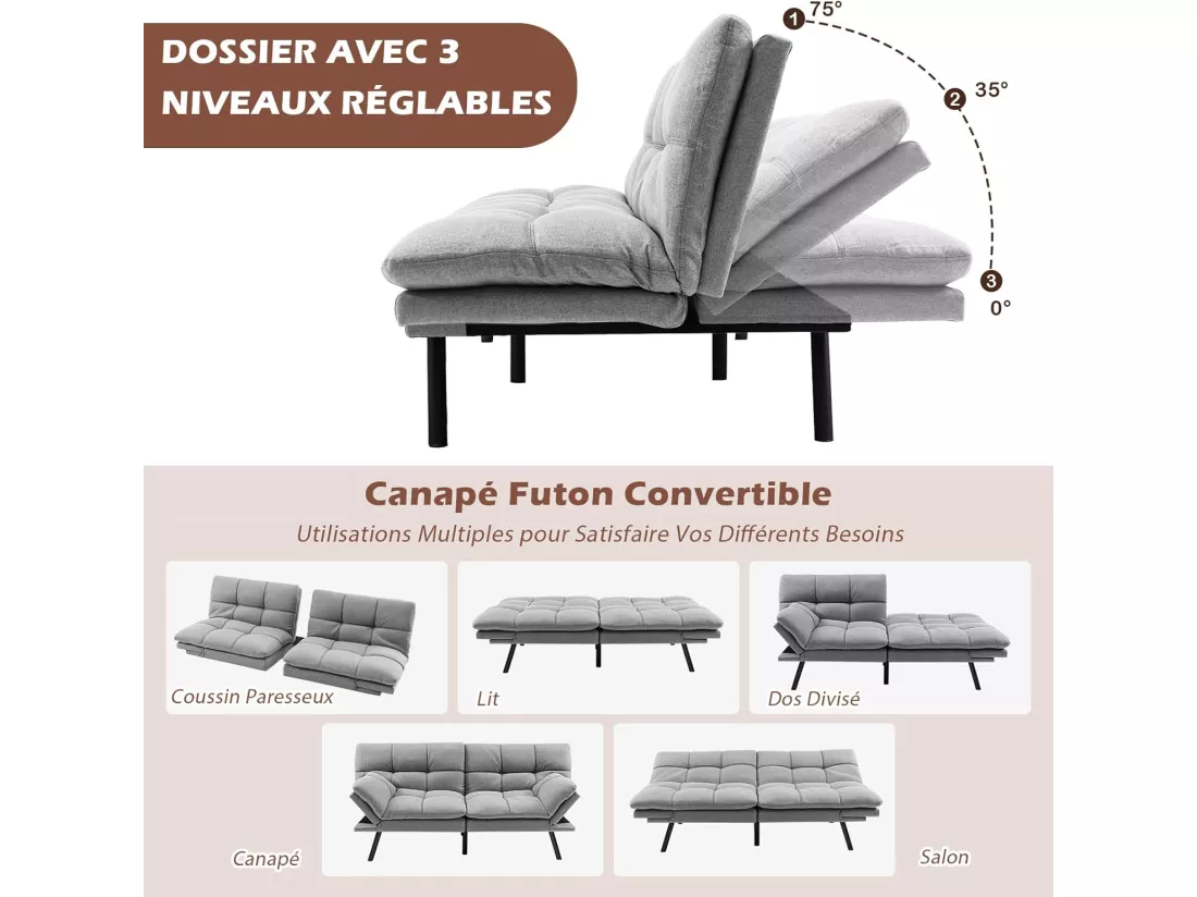 Canapé-Lit Convertible 5 en 1 avec Dossier et Accoudoirs Réglables, Canapé Futon 3 Places en Mousse à Mémoire, Pieds Métalliques, pour Petits Appartements, Salon, Bureau, Charge 273 KG, Gris