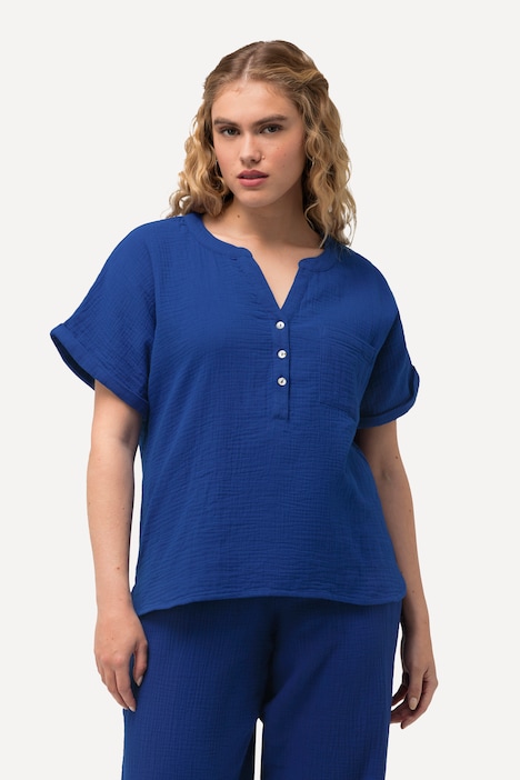 Musselin-Bluse, Oversized, Tunika-Ausschnitt, Halbarm