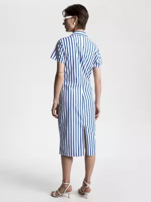 Vestido midi listrado em popeline com detalhe torcido na frente