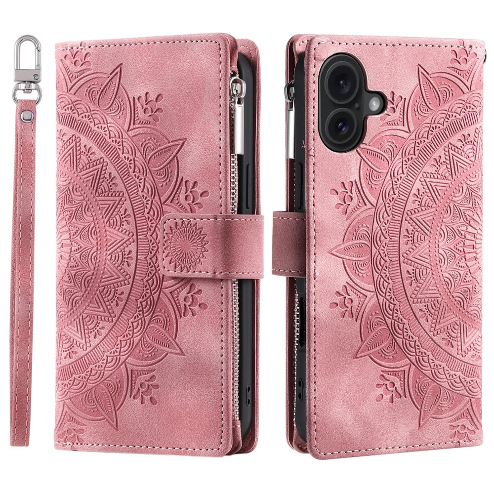 iPhone 16 Leder Tasche Flip Cover mit Reissverschluss - Mandala Flowers Imprint - Rosa