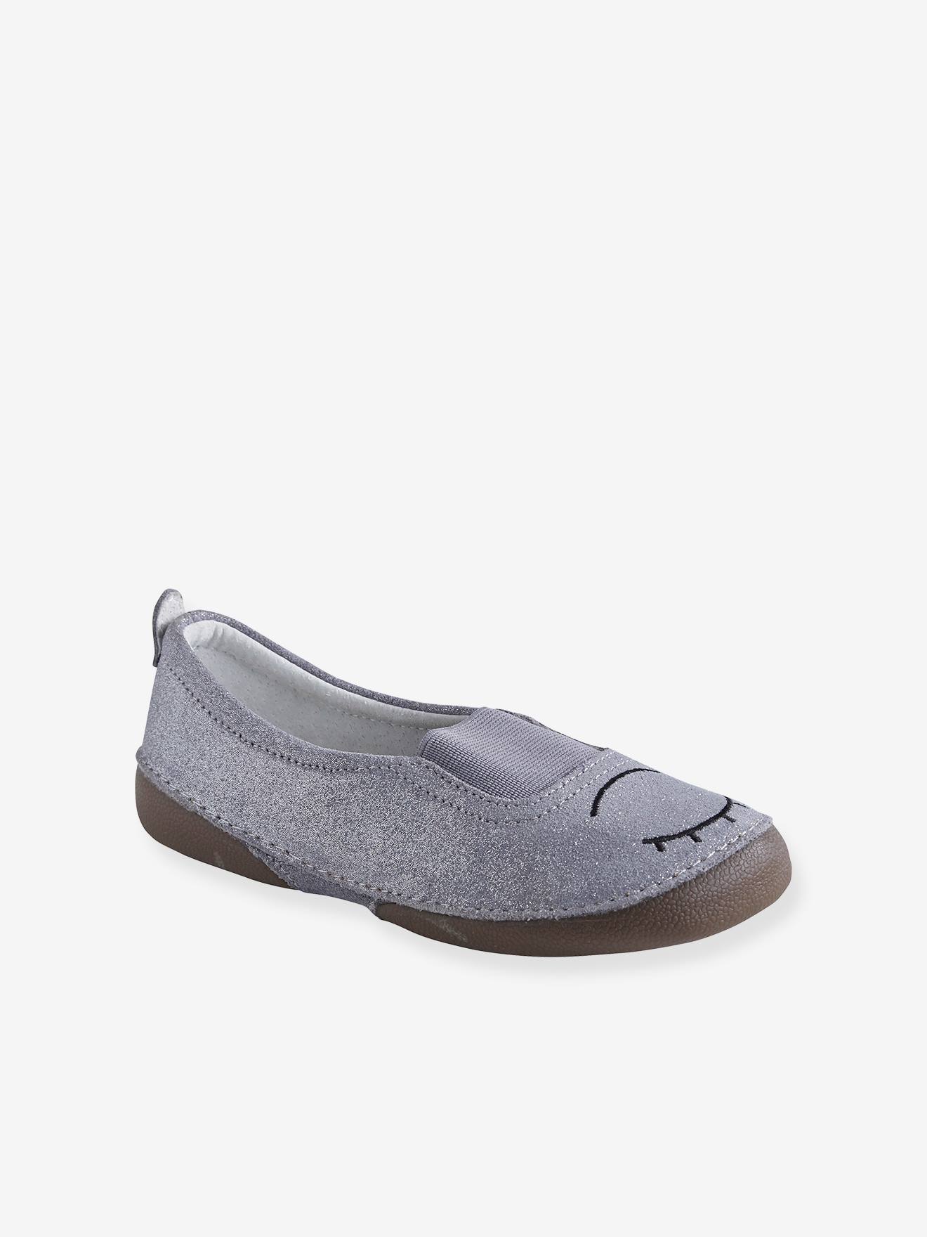 Pantufas de couro metálico cinza claro com elástico para meninas