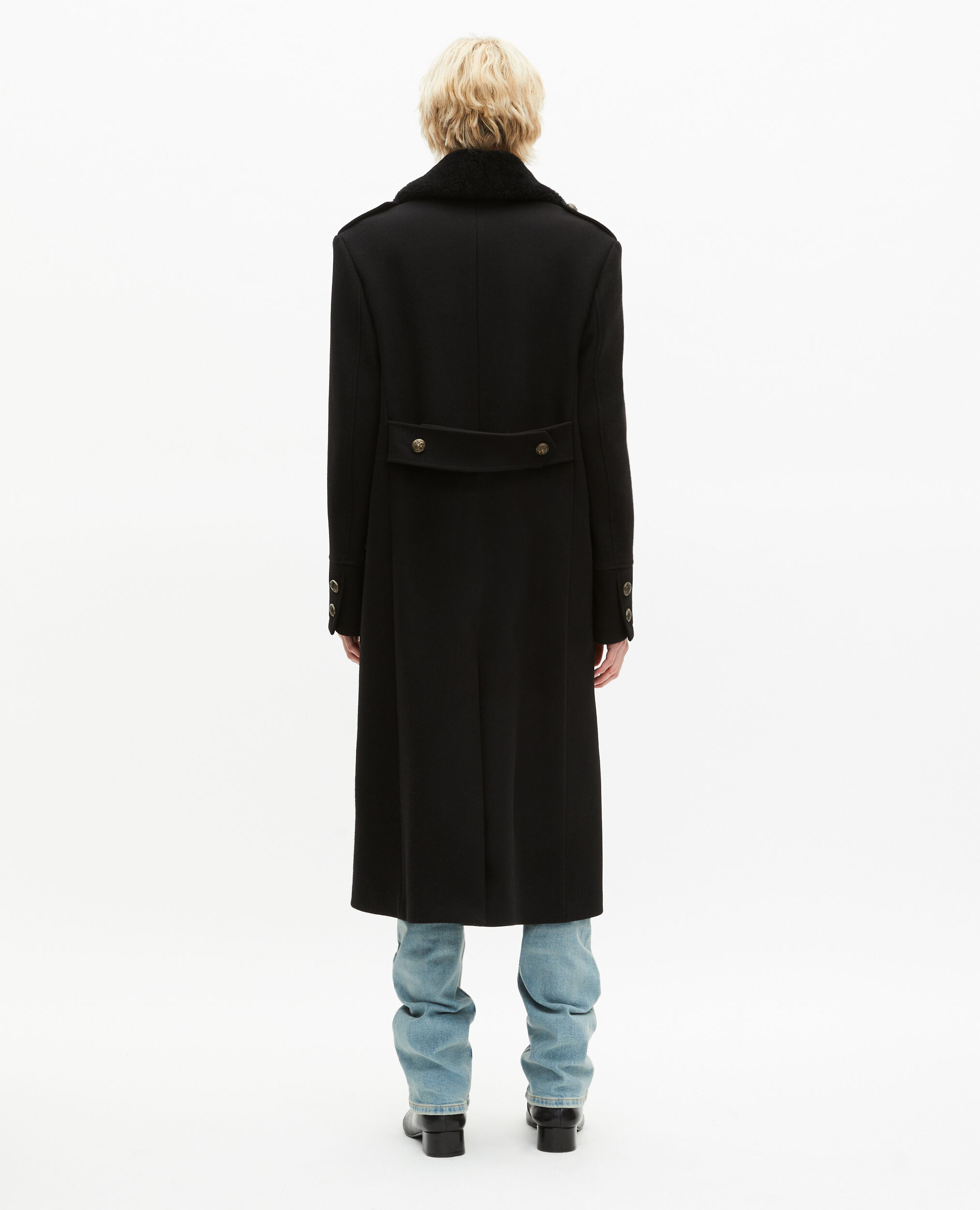 Manteau long en laine col sherpa noir