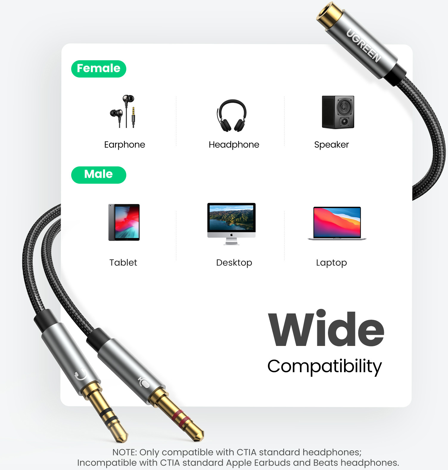 (20cm) Y-Splitter 3.5mm Klinke (w)  2x 3.5mm Klinke (m) Audio AUX Nylon Kabel (20899) - Grau