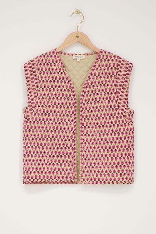 Beige gilet met roze en groene bloemenprint