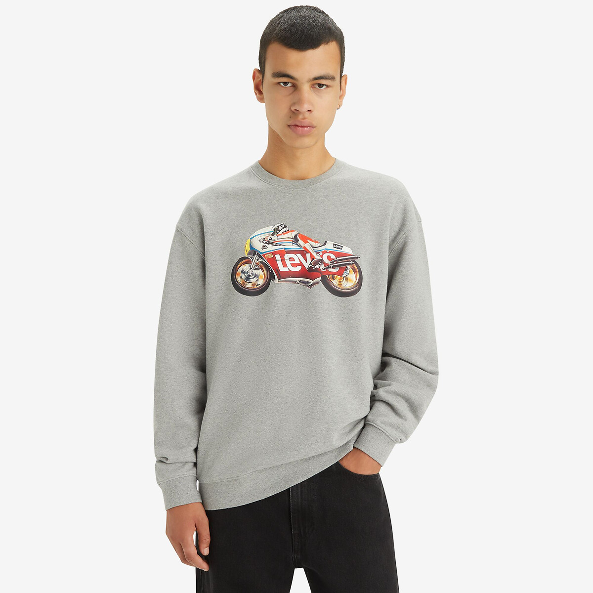 Suéter de gola redonda macio da Levi's com estampa de asa de morcego e detalhes de motocicleta.