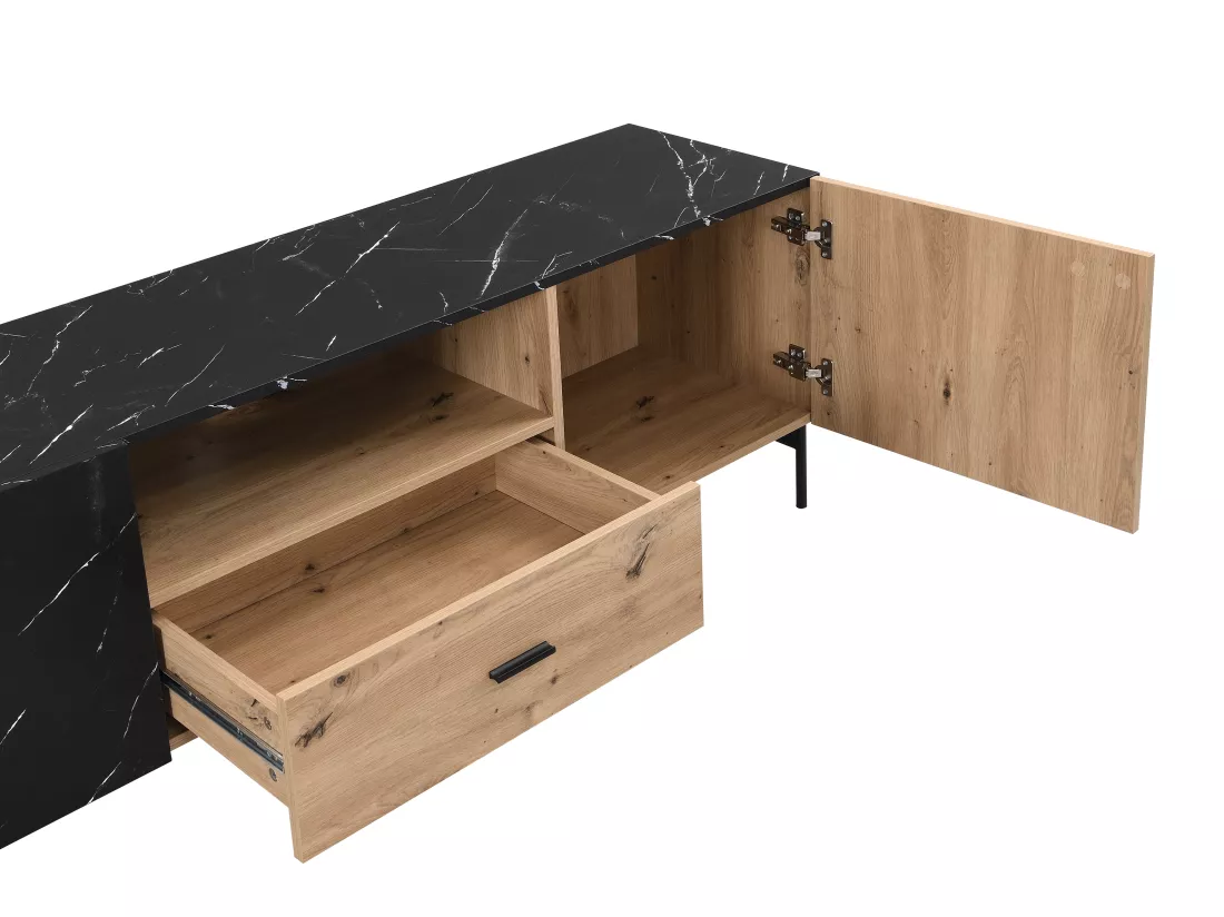 Meuble TV avec 2 portes, 1 tiroir et 1 niche en MDF et métal - Naturel clair et Effet marbre noir - LIOMENA de Pascal Morabito