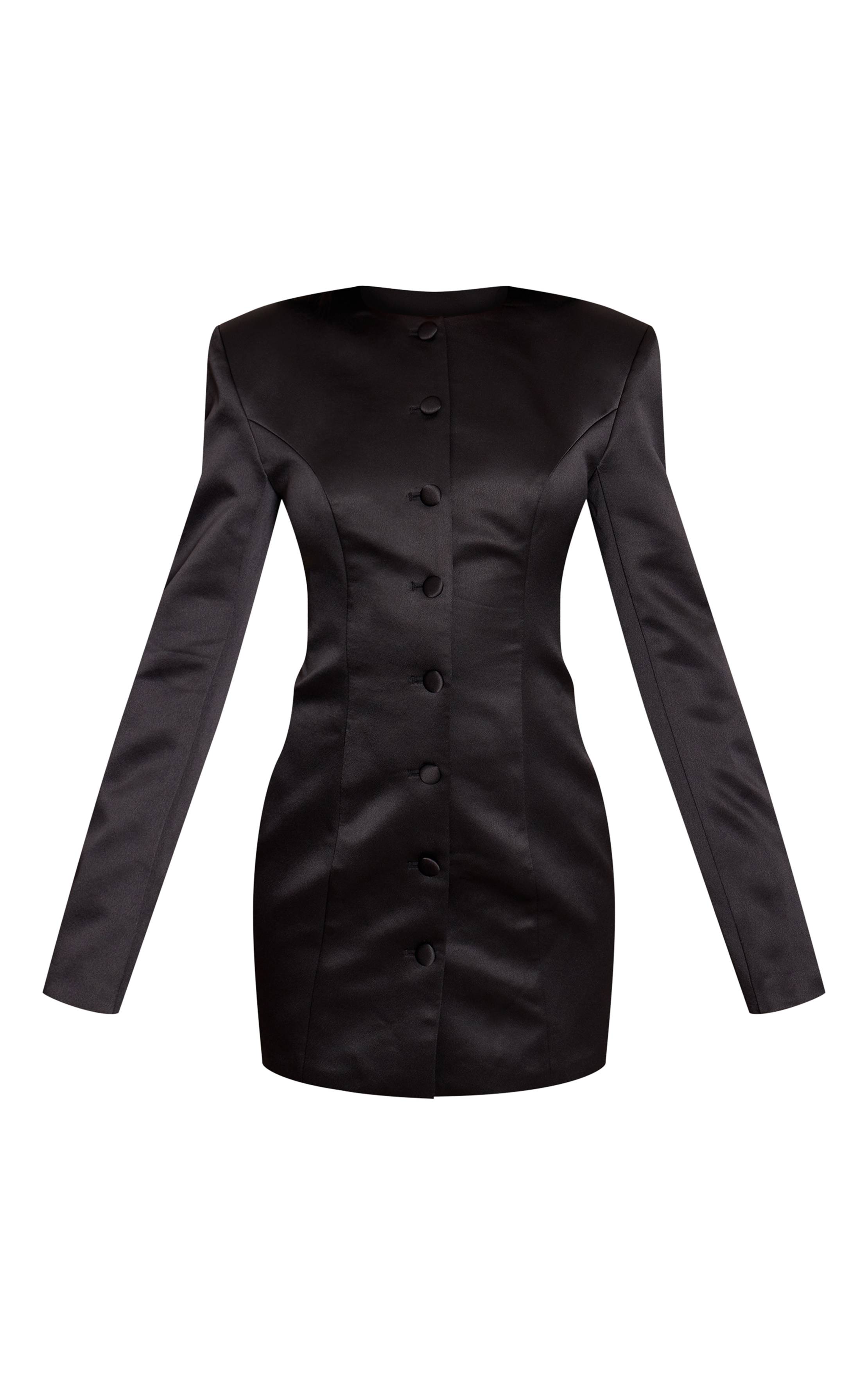 Noir Robe Blazer Satinée À Manches Longues Boutonnée