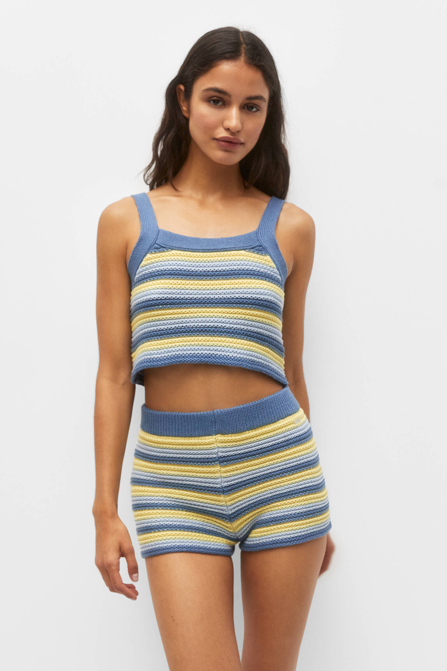 Shorts de crochê listrados - azul médio