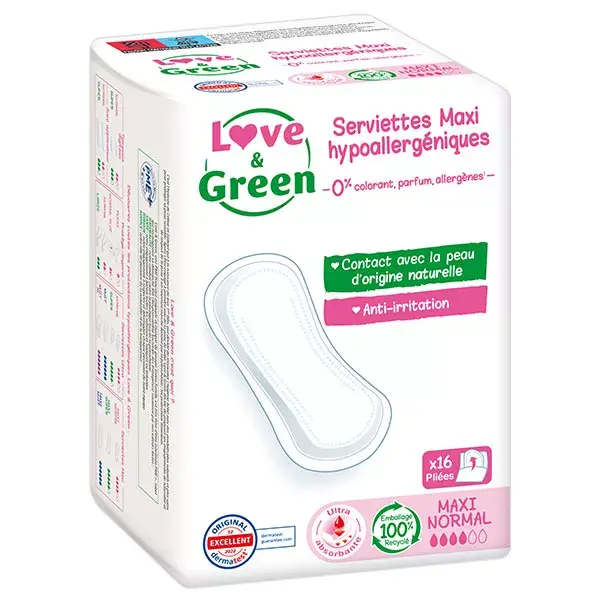 Absorventes higiênicos hipoalergênicos Love & Green Maxi Normal, pacote com 16 unidades.