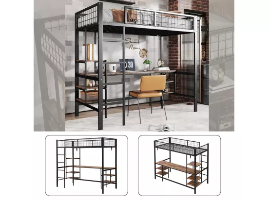 Lit mezzanine 90x200cm - avec table + étagère - avec échelle à quatre marches - fer + panneaux de particules - noir (sans matelas)