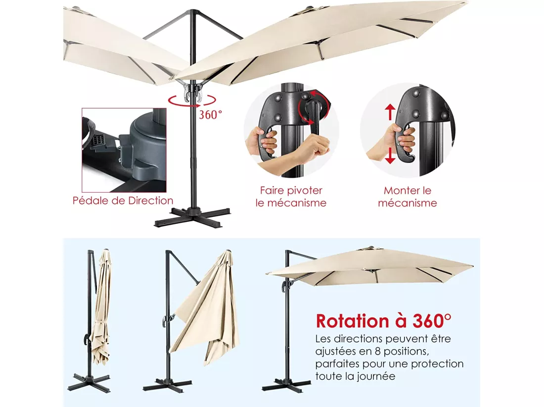 Parasol Déporté Inclinable 3x3M avec Base Croisée Rotatif à 360°,Manivelle,8 Baleines,Event pour Jardin,Terrasse, H273 cm （Beige)